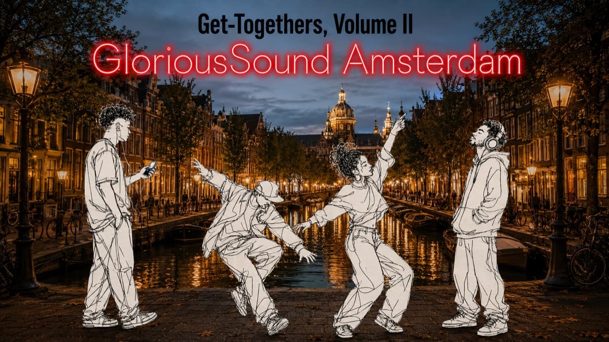 Get-Togethers, Volume II — GloriousSound Amsterdam: line-drawn listeners wearing headphones and earphones on an Amsterdam canal at dusk.
